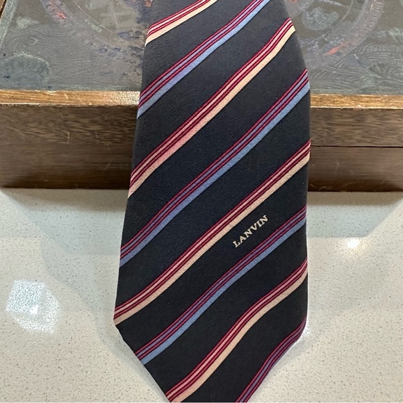 Lanvin Paris 100% silk men’s tie vintage striped motif navy/pink/red/purple - Picture 5 of 7